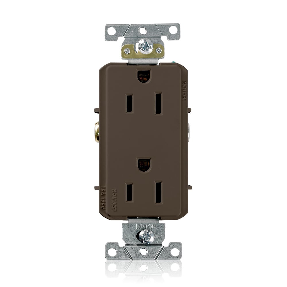 16242 Heavy Duty Self Grounding Duplex Receptacle, 125 V AC, 15 A, 2 Poles, 3 Wires, Brown