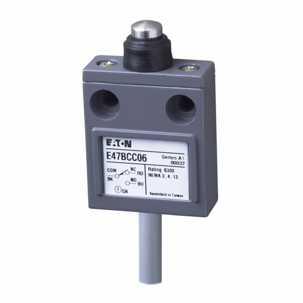 E47BCC06 Compact Pre-Wired Limit Switch, 250 V AC/30 V DC, 4/5 A, Sealed Pin Plunger Actuator, SPDT Contact, 1 Poles