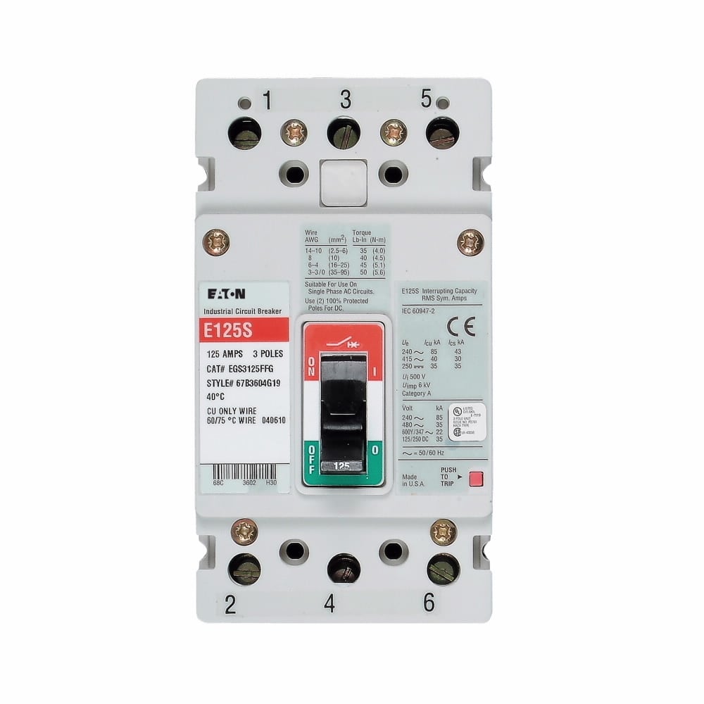 EGS3125FFG Type EGS Molded Case Circuit Breaker, 600Y/347 V AC, 125 A, 22/35/85 kA Interrupt, 3 Poles, Thermal Magnetic Trip