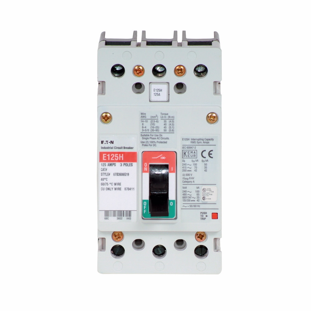 EGH3070FFG Type EGH Molded Case Circuit Breaker, 600Y/347 V AC, 70 A, 35 kA Interrupt, 3 Poles, Thermal Magnetic Trip