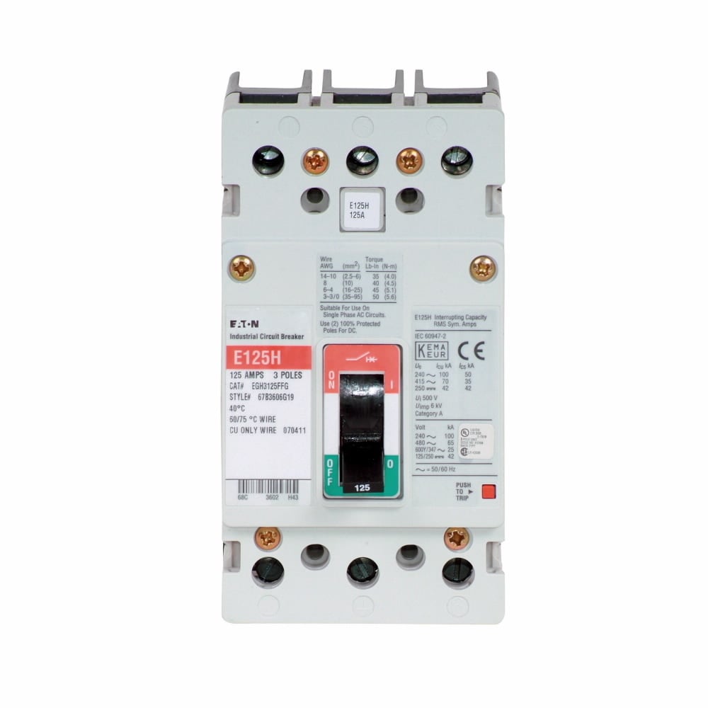 EGH3125FFG Type EGH Molded Case Circuit Breaker, 600Y/347 V AC, 125 A, 35/65/100 kA Interrupt, 3 Poles, Thermal Magnetic Trip