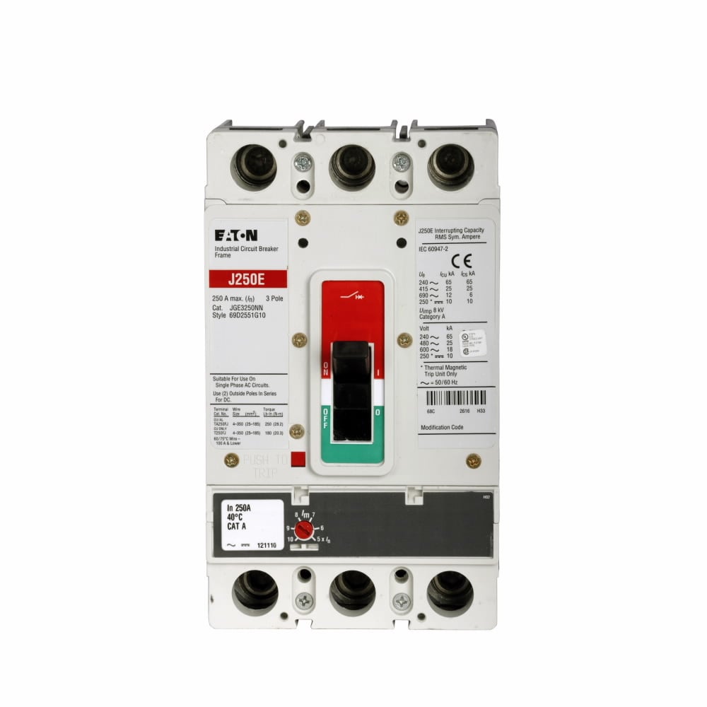 JGE310032G Type JGE Electronic Molded Case Circuit Breaker, 600 V AC/250 V DC, 100 A, 18/25/65 kA Interrupt, 3 Poles, Electronic Trip