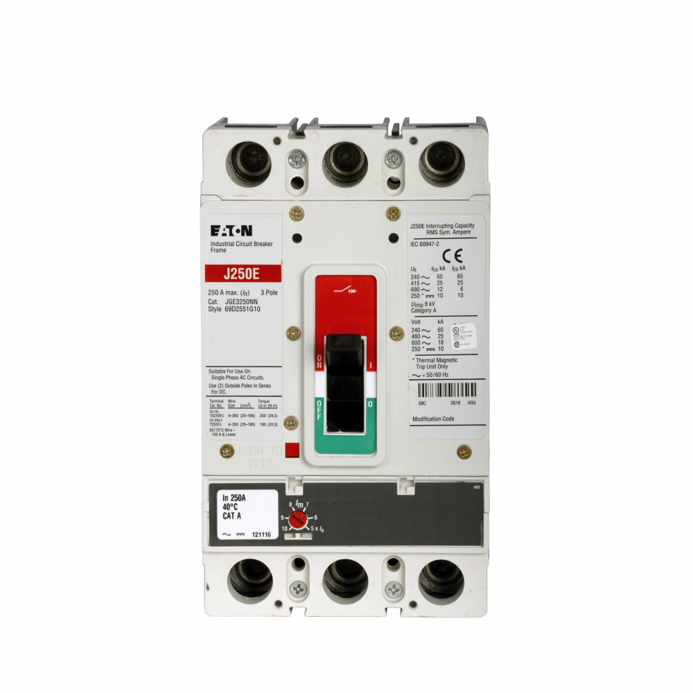 JGE325032G G Series Type JGE Molded Case Circuit Breaker, 600 V AC, 250 A, 18 kA Interrupt, 3 Poles, Electronic Trip