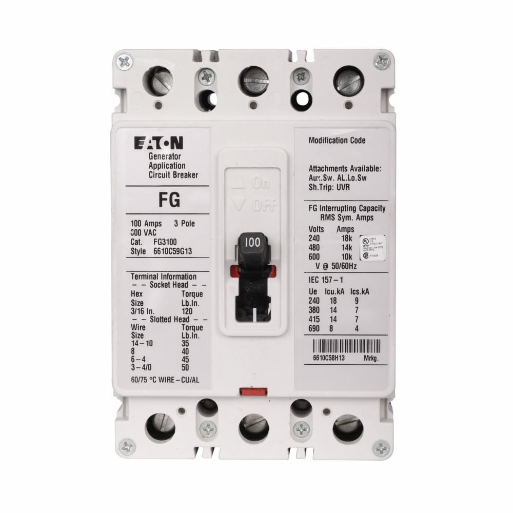 FG3125A05S01 C Series Fixed Pickup Molded Case Engine Generator Circuit Breaker, 600 V AC, 125 A, 14/15 kA Interrupt, 3 Poles, Thermal Magnetic Trip