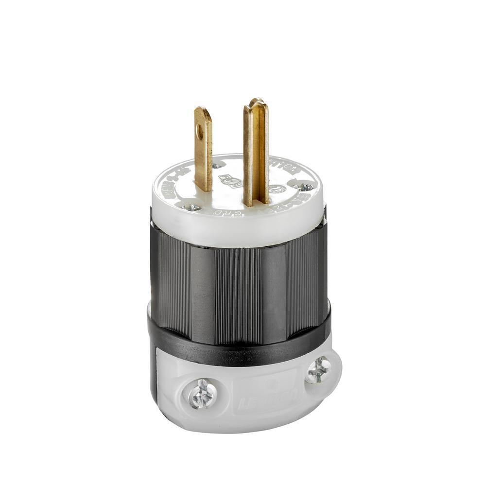 5266-C Cable Mount Grounding Straight Blade Plug, 125 V AC, 15 A, 2 Poles, 3 Wires, Black/White