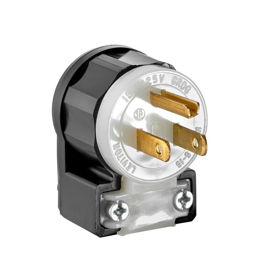 5266-CA Angled Cable Mount Grounding Straight Blade Plug, 125 V AC, 15 A, 2 Poles, 3 Wires, Black/White