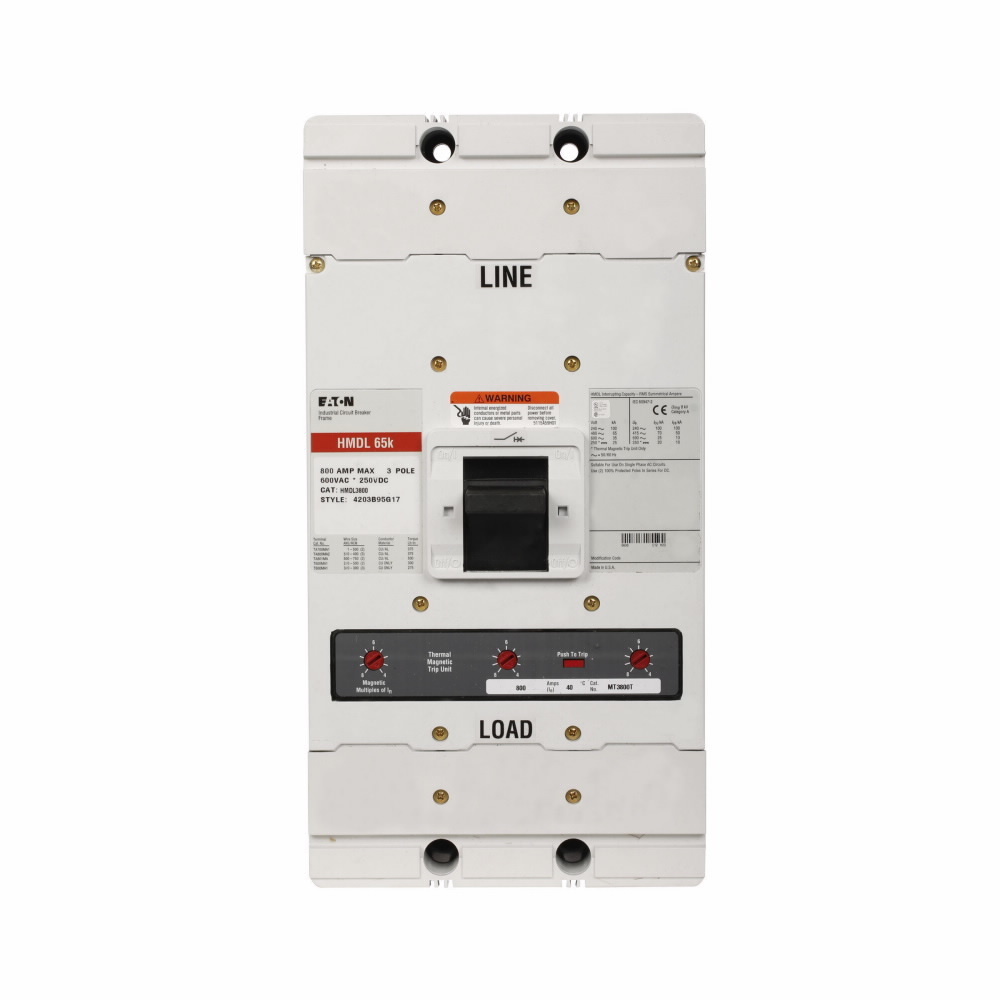 HMDL3600 C Series Type HMDL Molded Case Circuit Breaker, 600 V AC, 600 A, 65 kAIC at 480 V AC/100 kAIC at 240 V AC Interrupt, 3 Poles, Thermal Magnetic Trip