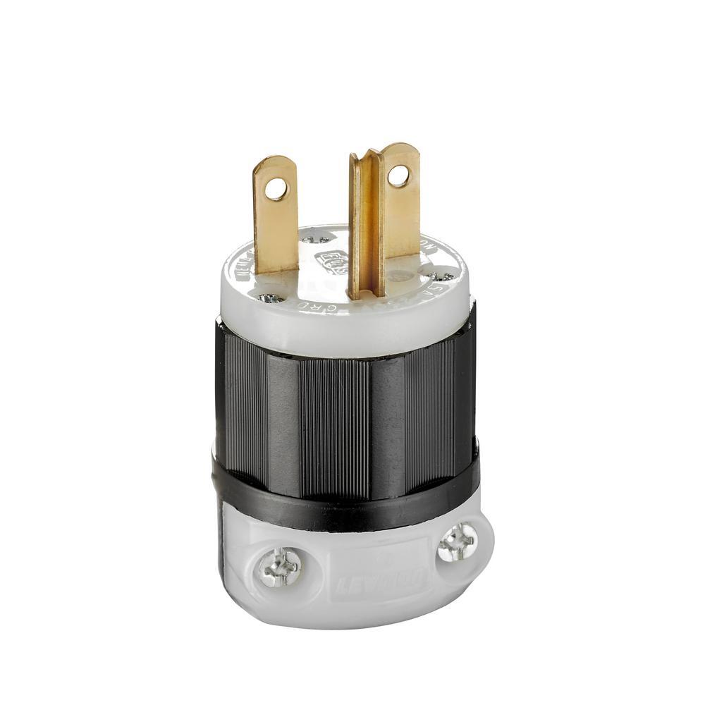 5666-C Angled Cable Mount Grounding Straight Blade Plug, 250 V AC, 15 A, 2 Poles, 3 Wires, Black/White