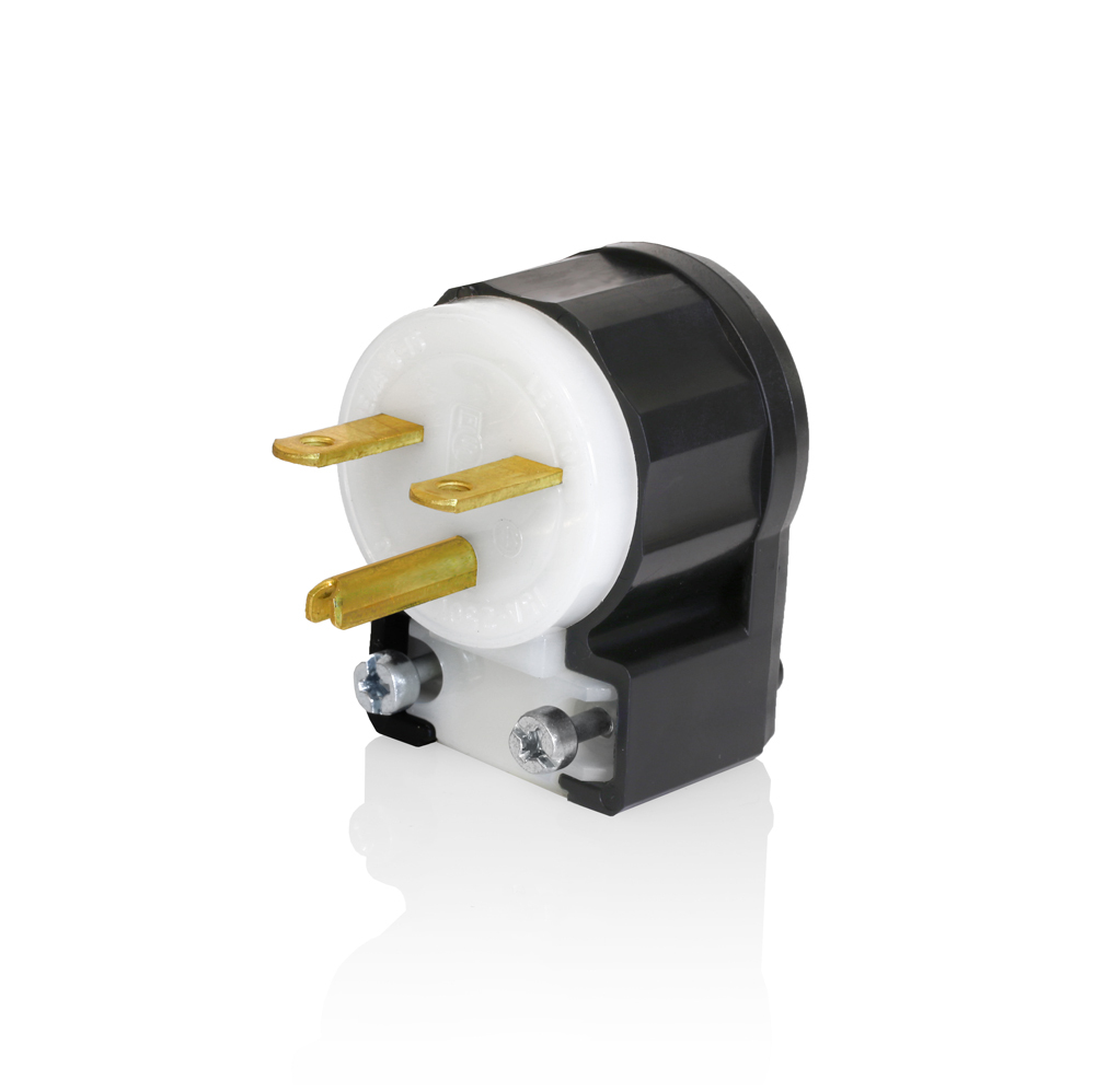 5666-CA Angled Cable Mount Grounding Straight Blade Plug, 250 V AC, 15 A, 2 Poles, 3 Wires, Black/White