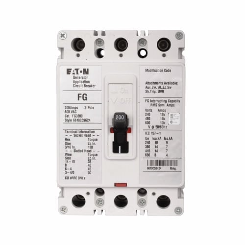 FG3175WS02 C Series Type FG Engine Generator Molded Case Circuit Breaker, 600 V AC, 175 A, 18 kAIC at 240 V AC/14 kAIC at 480 V AC Interrupt, 3 Poles, Thermal Magnetic Trip