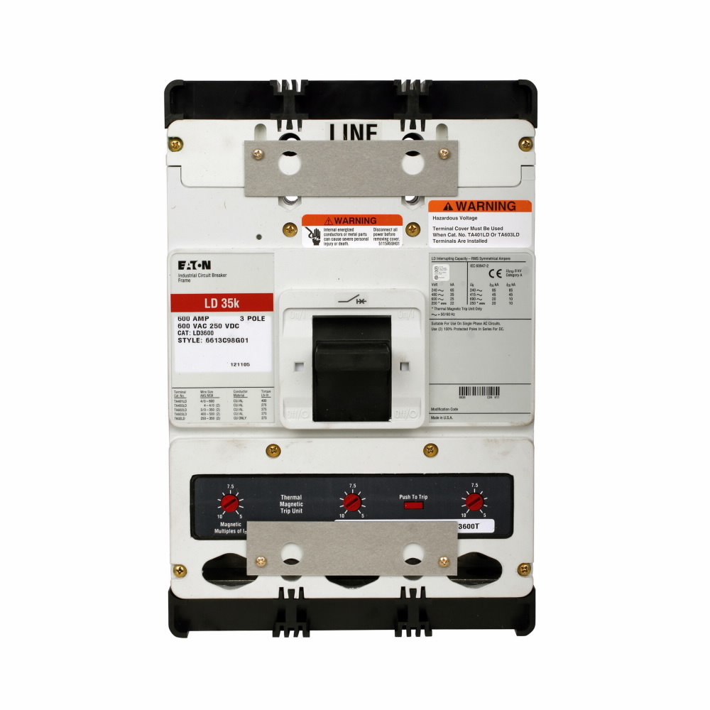 HLD3600WK C Series Type HLD Molded Case Circuit Breaker, 600 V AC/250 V DC, 600 A, 100 kAIC at 240 VAC/65 kAIC at 480 VAC Interrupt, 3 Poles, Thermal Magnetic Trip