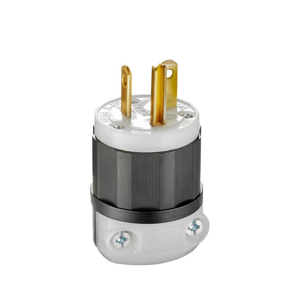 5366-C Cable Mount Grounding Straight Blade Plug, 125 V AC, 20 A, 2 Poles, 3 Wires, Black/White