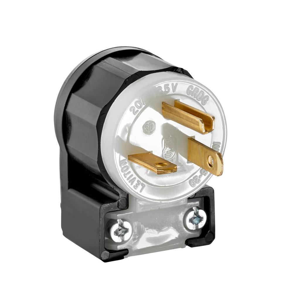 5366-CA Angled Cable Mount Grounding Straight Blade Plug, 125 V AC, 20 A, 2 Poles, 3 Wires, Black/White