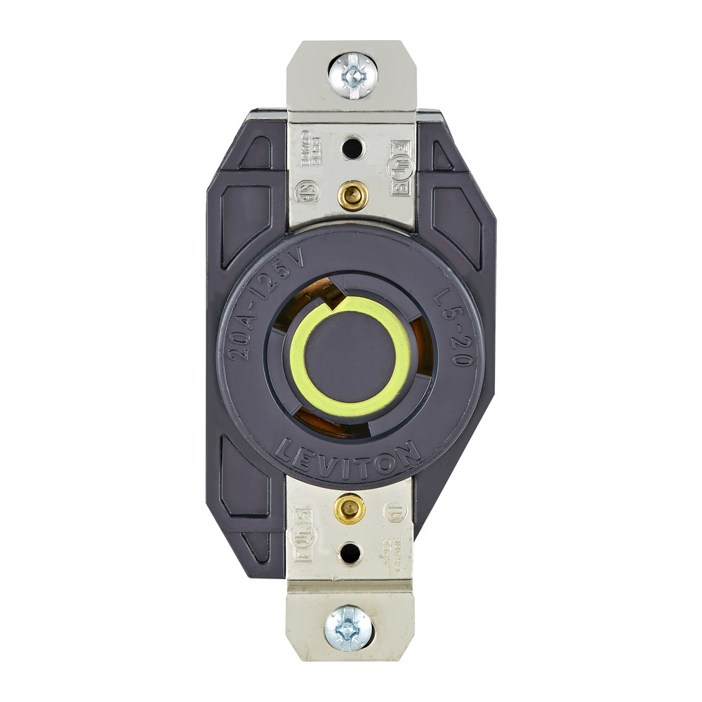 2310 Grounding Locking Receptacle, 125 V AC, 20 A, 2 Poles, 3 Wires, Black