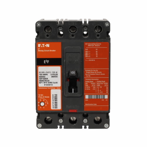 E2F050KMU62 C Series Type E2F Complete Specialty Sealed Mining Molded Case Circuit Breaker, 600 V AC/250 V DC, 50 A, 10/18 kA Interrupt, 3 Poles, Thermal Magnetic Trip