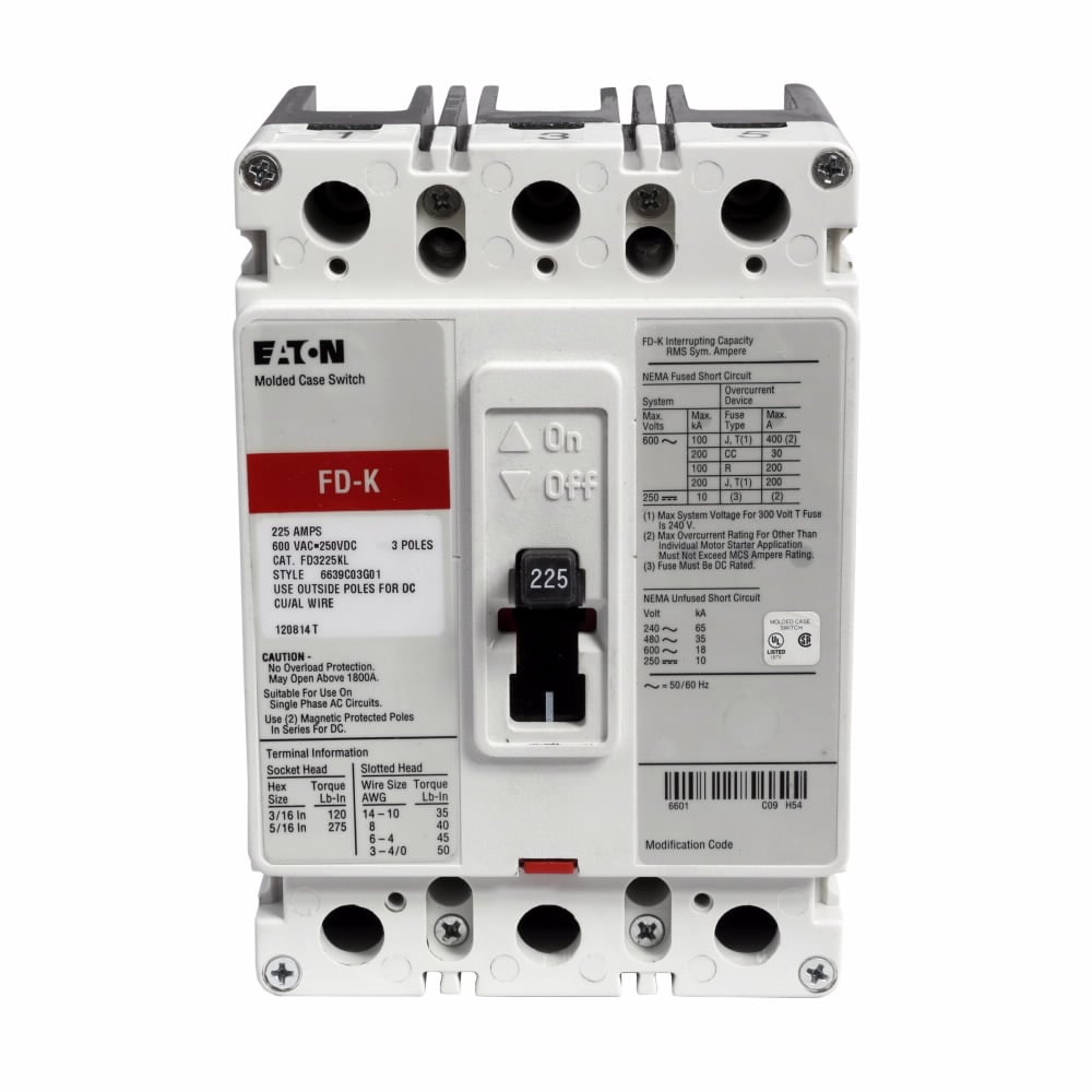 FD3225 C Series Type FD Molded Case Circuit Breaker, 600 V AC/250 V DC, 225 A, 35/65 kA Interrupt, 3 Poles, Thermal Magnetic Trip