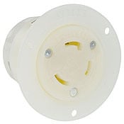 2616 Grounding Receptacle Locking Flanged Outlet, 125 V AC, 30 A, 2 Poles, 3 Wires, White
