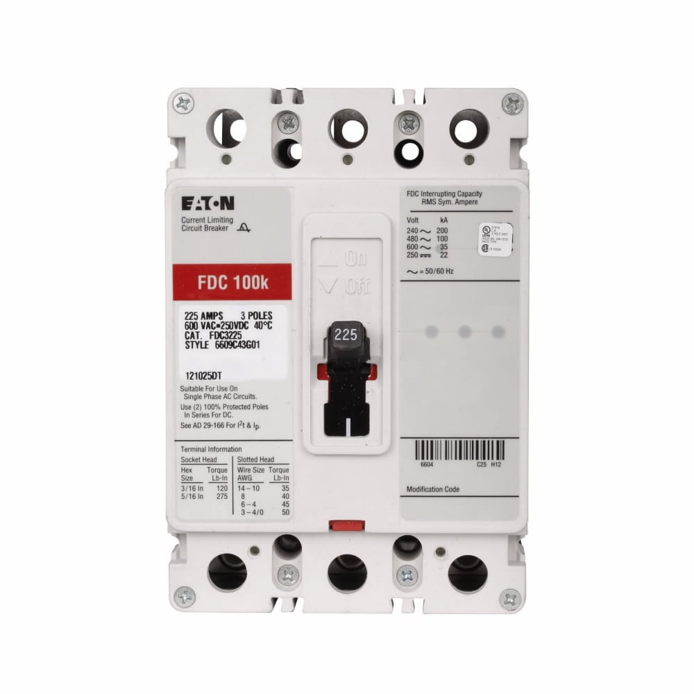 FDC3225 Type FDC Molded Case Circuit Breaker, 600 V AC/250 V DC, 225 A, 100/200 kA Interrupt, 3 Poles, Thermal Magnetic Trip