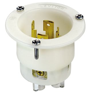 2725 3-Phase Grounding Receptacle Locking Flanged Inlet, 250 V AC, 30 A, 3 Poles, 4 Wires, White