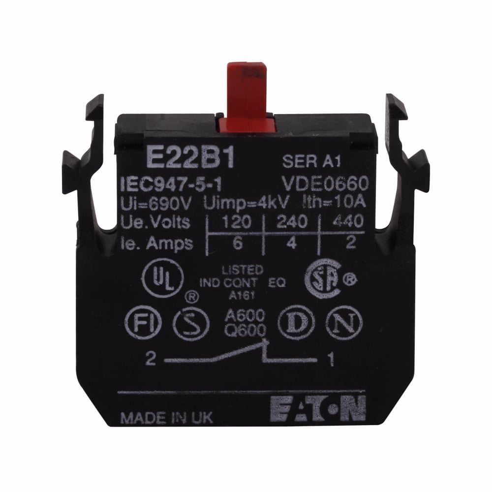 E22B1 Heavy Duty Standard Contact Block, 22.5 mm, 1NC Contact, 10 A at 600 V AC, 2.5 A at 600 V DC Contact, Silver Contact