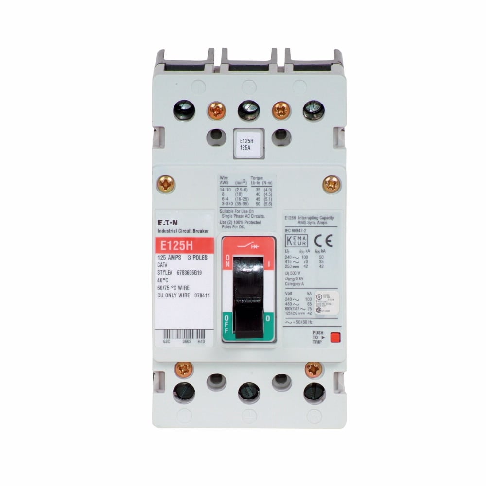 EGH3015FFG Type EGH Molded Case Circuit Breaker, 600Y/347 V AC, 15 A, 35/65/100 kA Interrupt, 3 Poles, Thermal Magnetic Trip