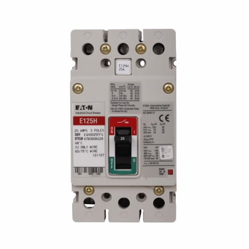 EGH3025FFG Type EGH Molded Case Circuit Breaker, 600Y/347 V AC, 25 A, 35/65/100 kA Interrupt, 3 Poles, Thermal Magnetic Trip
