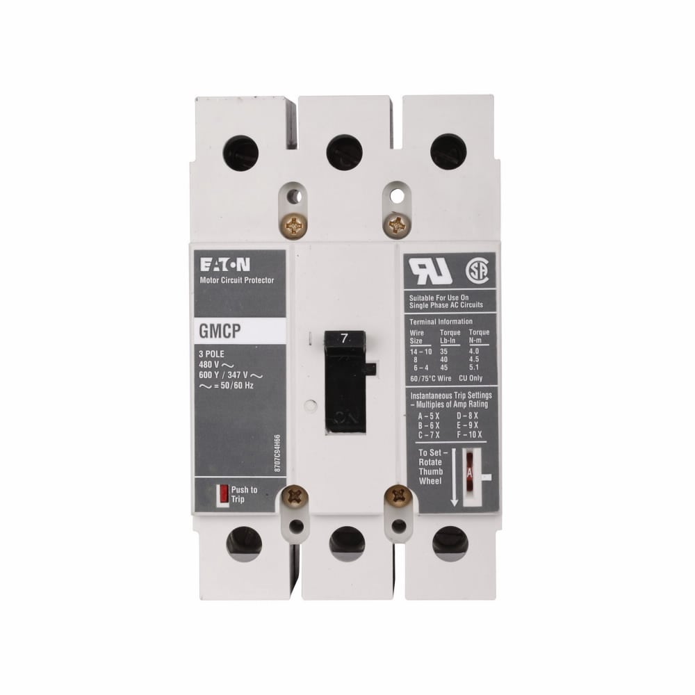 GMCP050K2C GMCP/C Series Motor Protection Circuit Breaker, 480 V AC, 50 A, 35 kAIC at 480 V AC Interrupt, 3 Poles, Magnetic Trip