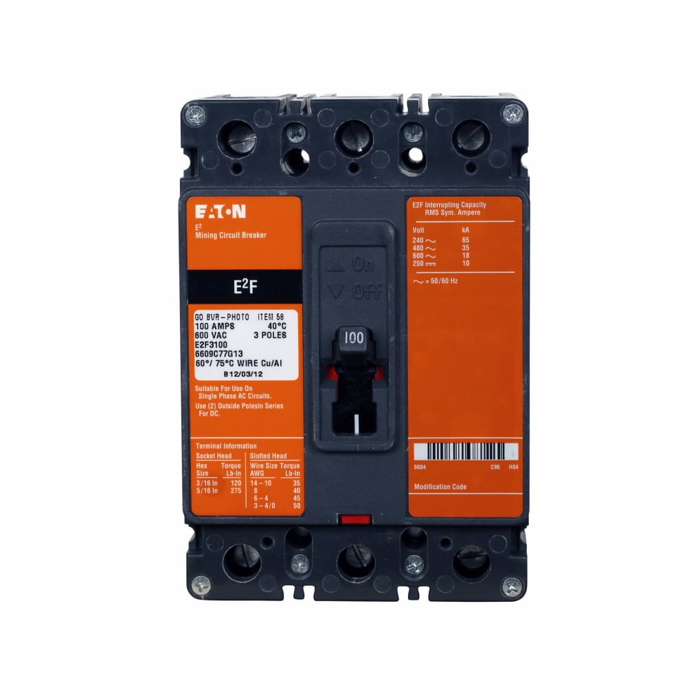 E2F030EMU62 C Series Type E2F Complete Specialty Sealed Mining Molded Case Circuit Breaker, 600 V AC/250 V DC, 30 A, 10/18 kA Interrupt, 3 Poles, Thermal Magnetic Trip
