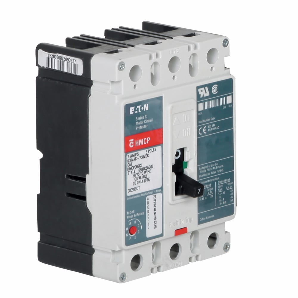 HMCP050K2CA06 C Series Type HMCP Motor Circuit Protector, 600 V AC/250 V DC, 50 A, 3 Poles, Magnetic Trip