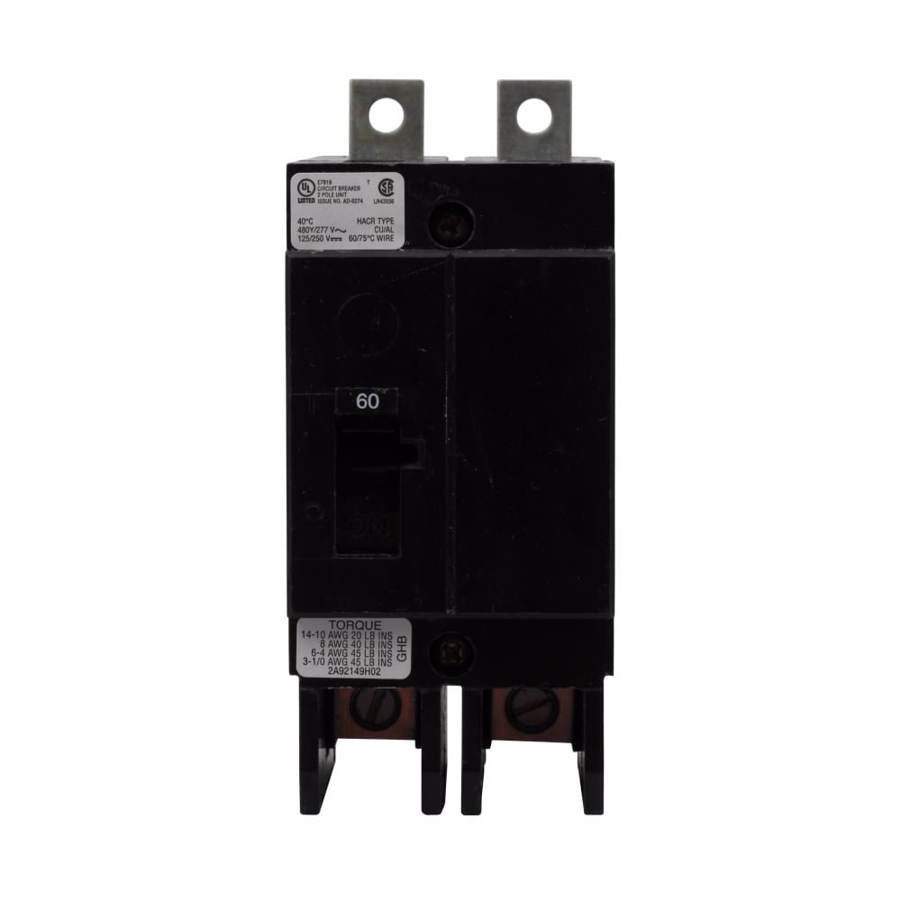 GHB2060 C Series Type GHB Molded Case Circuit Breaker, 480Y/277 V AC/125/250 V DC, 60 A, 65/14 kA Interrupt, 2 Poles, Thermal Magnetic Trip