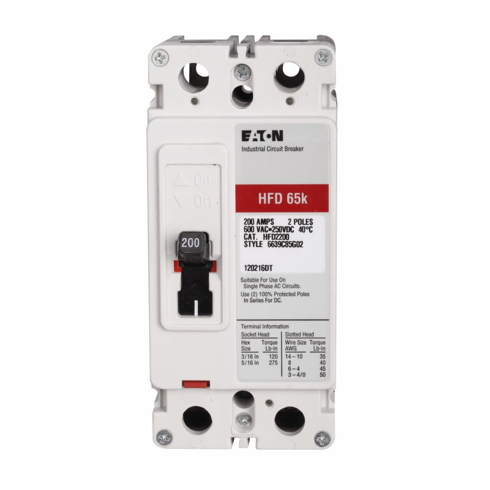 HFD2070 C Series Type HFD Molded Case Circuit Breaker, 600 V AC/250 V DC, 70 A, 65/100 kA Interrupt, 2 Poles, Thermal Magnetic Trip
