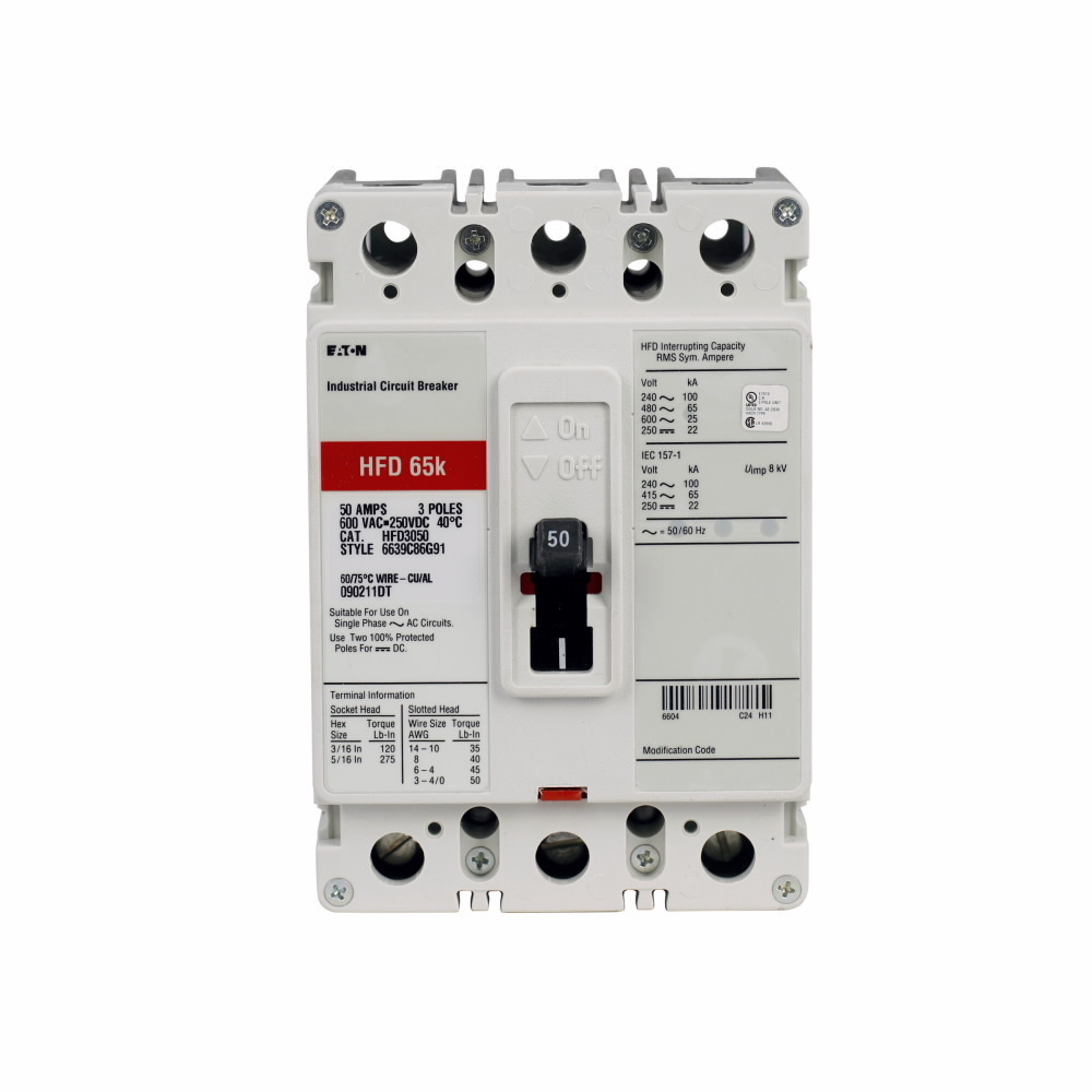 HFD3110 C Series Type HFD Molded Case Circuit Breaker, 600 V AC/250 V DC, 110 A, 100 kAIC at 240 VAC/65 kAIC at 480 VAC Interrupt, 3 Poles, Thermal Magnetic Trip