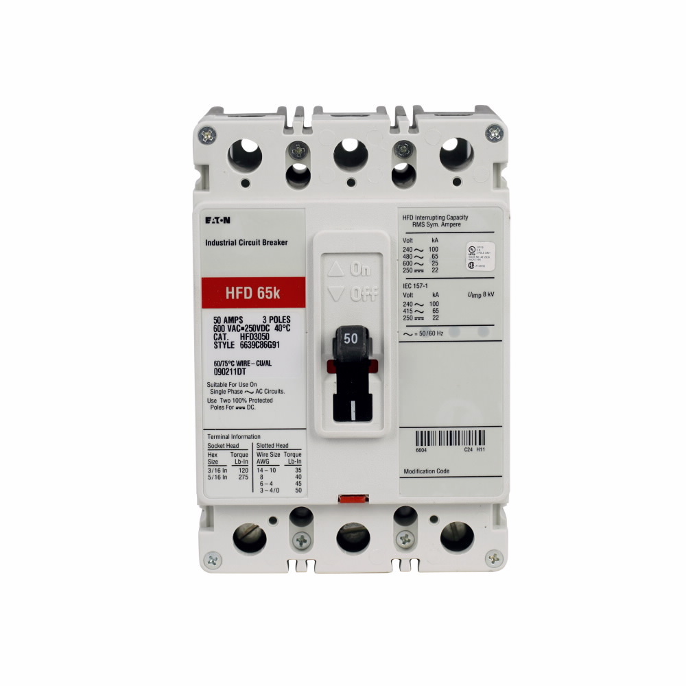 HFD3025 C Series Type HFD Molded Case Circuit Breaker, 600 V AC/250 V DC, 25 A, 100 kAIC at 240 VAC/65 kAIC at 480 VAC Interrupt, 3 Poles, Thermal Magnetic Trip