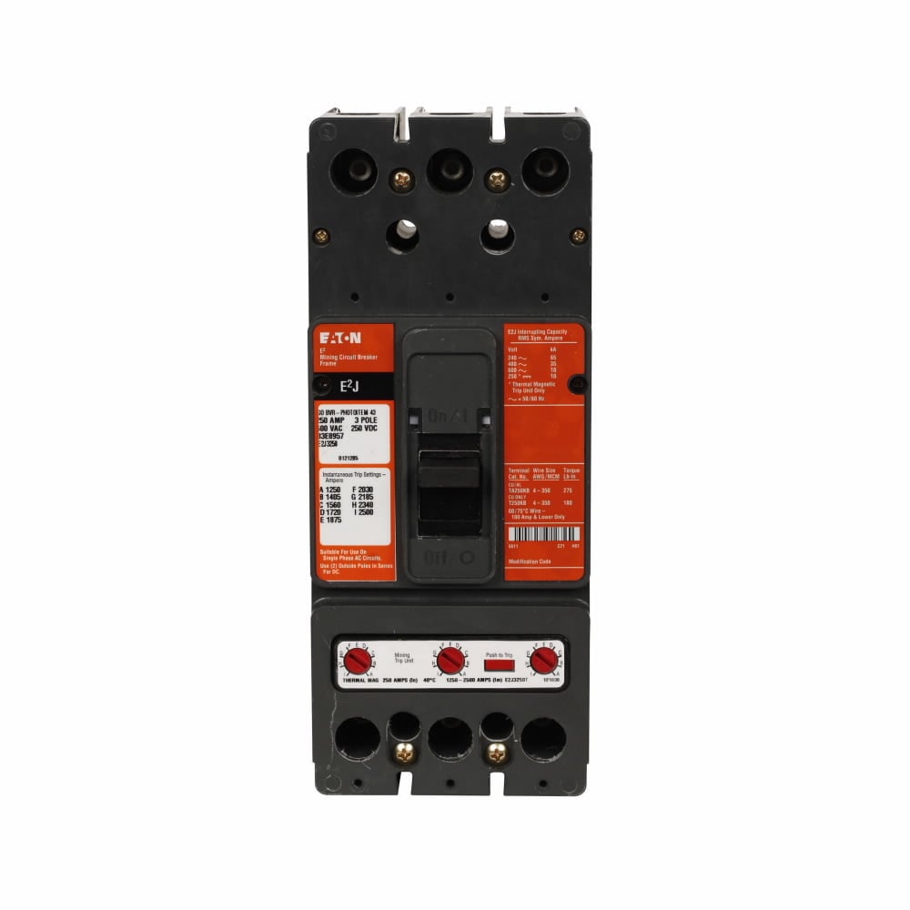E2J3250 C Series Type E2J Complete Specialty Mining Molded Case Circuit Breaker, 600 V AC/250 V DC, 250 A, 10/18 kA Interrupt, 3 Poles, Thermal Magnetic Trip
