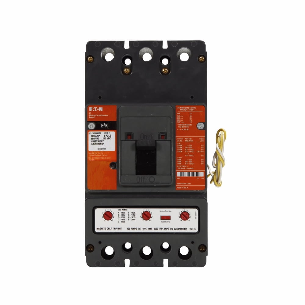 E2K3400 Type E2K Complete Specialty Mining Molded Case Circuit Breaker, 600 V AC/250 V DC, 400 A, 10/25 kA Interrupt, 3 Poles, Thermal Magnetic Trip