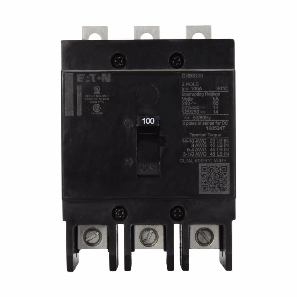 GHB3100S1 C Series Type GHB Molded Case Circuit Breaker, 277/480Y V AC/125/250 V DC, 100 A, 14/65 kA Interrupt, 3 Poles, Thermal Magnetic Trip