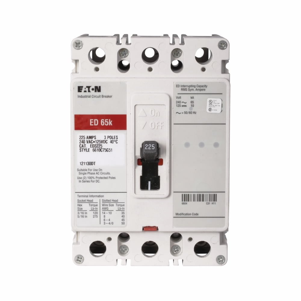 ED3200S05 C Series Type ED Molded Case Circuit Breaker, 240 V AC/125 V DC, 200 A, 65 kAIC at 240 VAC Interrupt, 3 Poles, Thermal Magnetic Trip