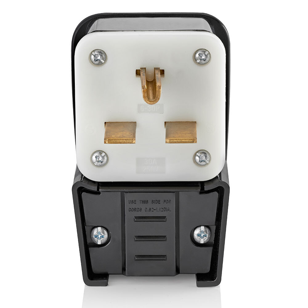 9630-P Angled Cable Mount Grounding Straight Blade Plug, 250 V AC, 30 A, 2 Poles, 3 Wires, Black