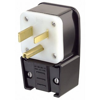9650-P Angled Cable Mount Grounding Straight Blade Plug, 250 V AC, 50 A, 2 Poles, 3 Wires, Black