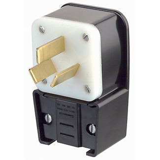 9450-P Angled Cable Mount Non-Grounding Non-Polarized Straight Blade Plug, 125/250 V AC, 50 A, 3 Poles, 3 Wires, Black