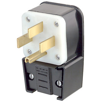 9452-P Angled Cable Mount Grounding Straight Blade Plug, 125/250 V AC, 50 A, 3 Poles, 4 Wires, Black