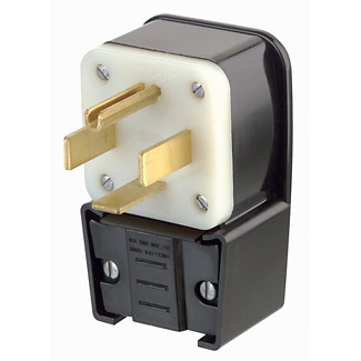 9462-P Angled Cable Mount Grounding Straight Blade Plug, 125/250 V AC, 60 A, 3 Poles, 4 Wires, Black