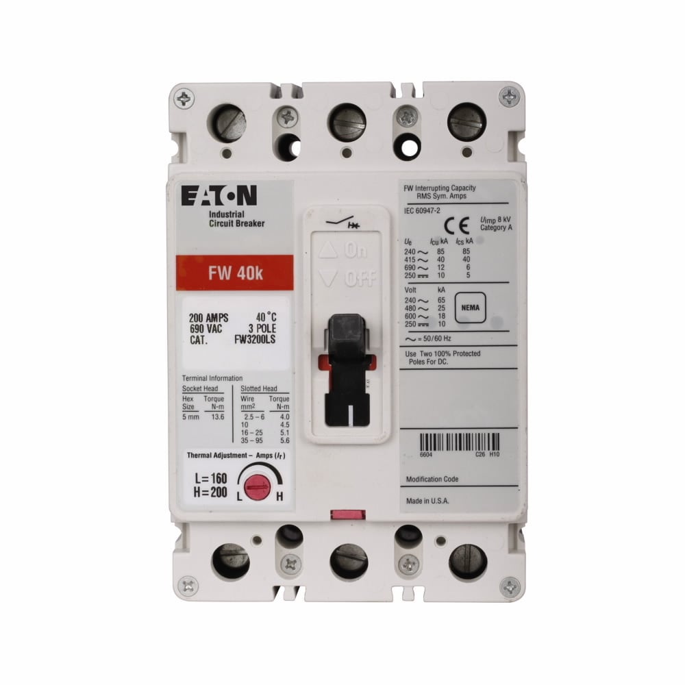 FW3100L C Series Type FW Molded Case Circuit Breaker, 690 V AC, 100 A, 40 kAIC at 415 V AC/35 kAIC at 480 V AC/25 kAIC at 600 V AC Interrupt, 3 Poles, Thermal Magnetic Trip