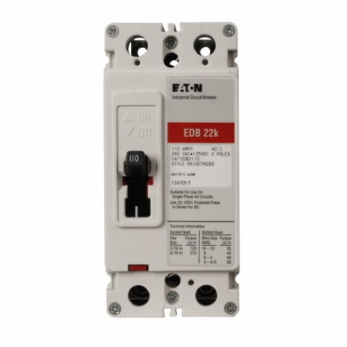 EDB2100 C Series Type EDB Molded Case Circuit Breaker, 240 V AC/125 V DC, 100 A, 22 kA Interrupt, 2 Poles, Thermal Magnetic Trip