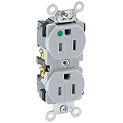 8200-SGG 1-Phase Duplex Extra Heavy Duty Tamper Resistant Straight Blade Receptacle, 125 V AC, 15 A, 2 Poles, 3 Wires, Gray