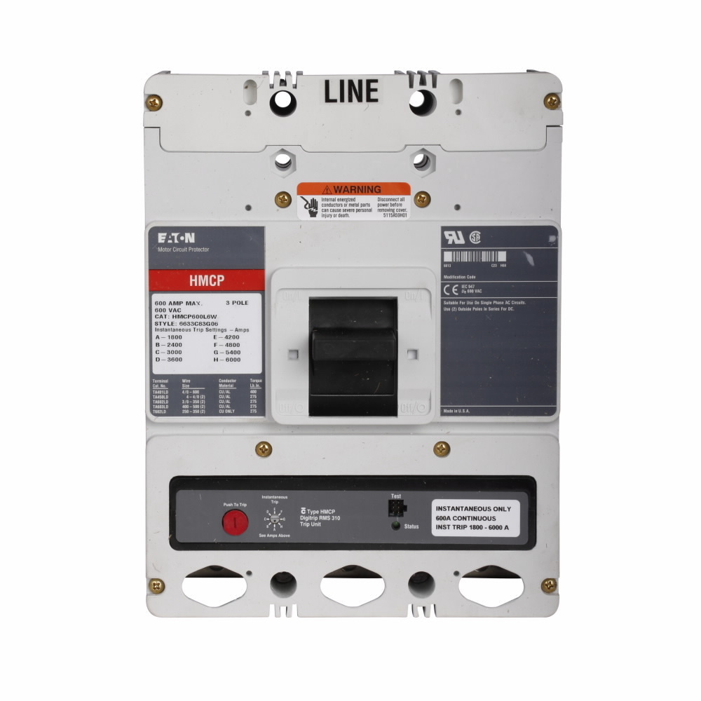HMCP600L6W C Series Type HMCP Motor Circuit Protector, 600 V AC/250 V DC, 600 A, 3 Poles, Magnetic Trip