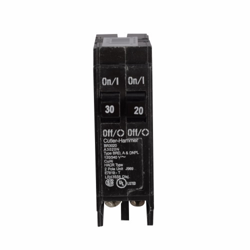BR3020 Type BR Duplex Thermal Magnetic Circuit Breaker, 120/240 V AC, 20/30 A, 10 kA Interrupt, 3 Poles