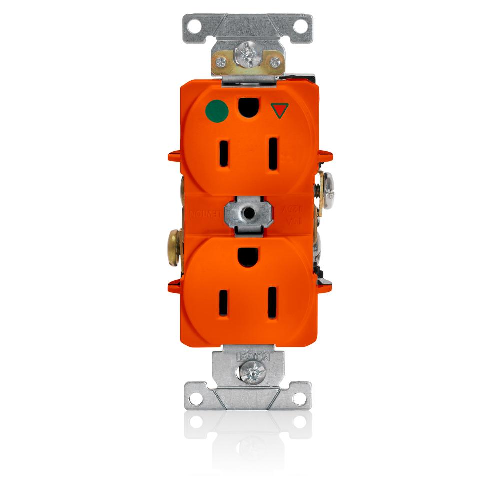 8200-IG Heavy Duty Isolated Ground Narrow Body Straight Blade Duplex Receptacle, 125 V AC, 15 A, 2 Poles, 3 Wires, Orange