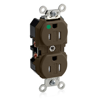 8200-SG Duplex Extra Heavy Duty Tamper Resistant Straight Blade Receptacle, 125 V AC, 15 A, 2 Poles, 3 Wires, Brown