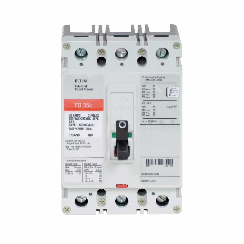 FD3045 C Series Type FD Molded Case Circuit Breaker, 600 V AC/250 V DC, 45 A, 35 kAIC at 480 VAC/65 kAIC at 240 VAC Interrupt, 3 Poles, Thermal Magnetic Trip